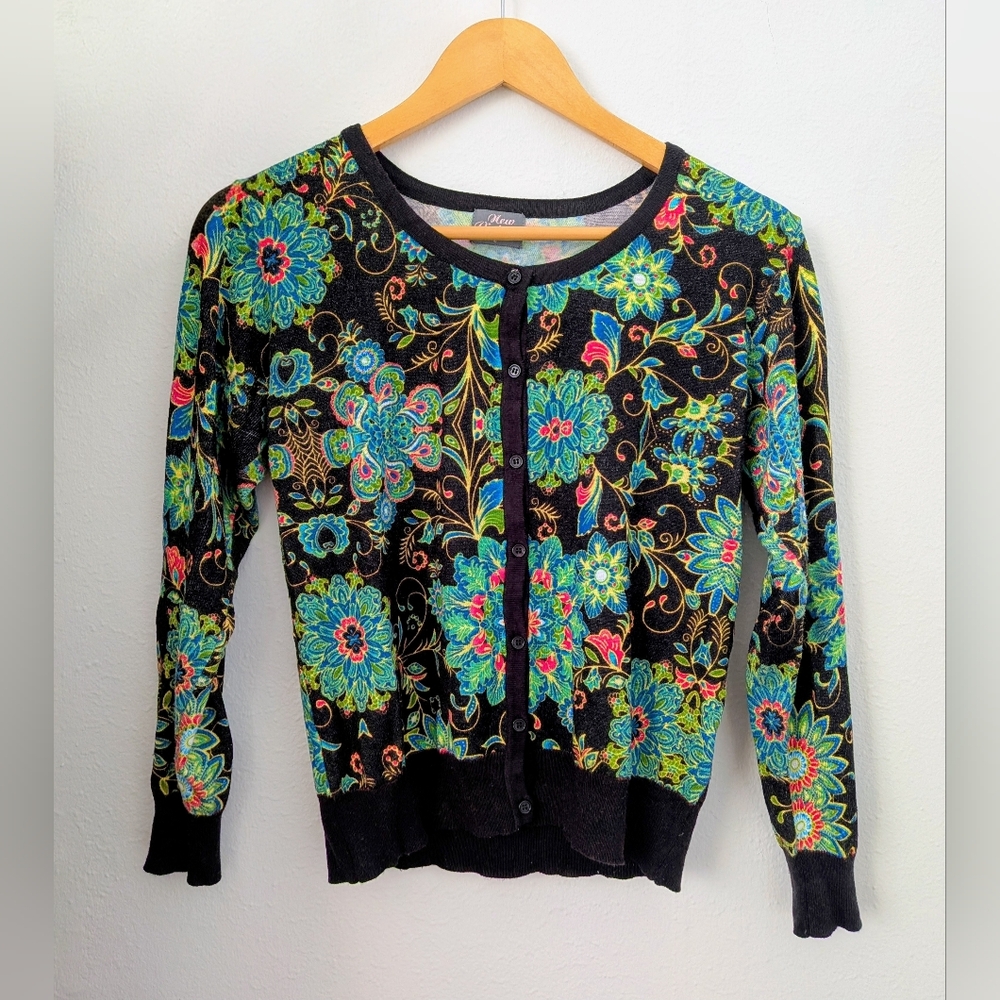 Vintage Black Cardigan with Pastel Multicolor Floral Print
